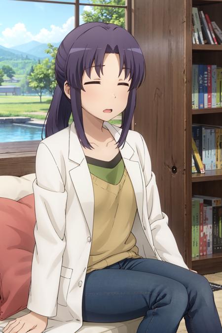 nonsensei,shirt,jeans,labcoat,closed eyes,1girl,solo,