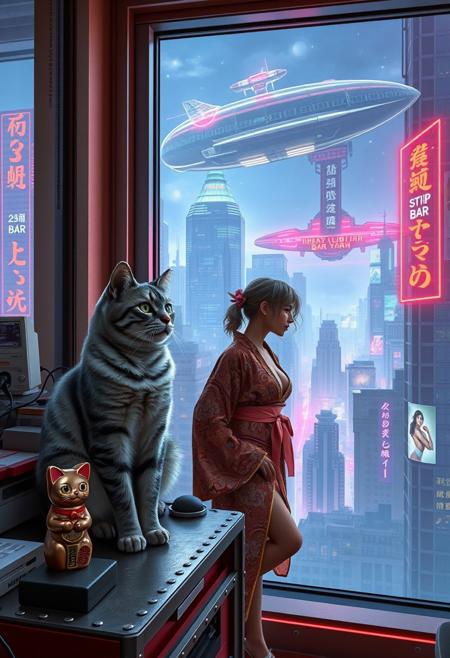 Grey tabby cat with green blue eyes sits on a cluttered metal riveted desk next to a maneki neko statue and a small Nintendo , the cat is looking out to a floor to ceiling window that looks out over a futuristic cyberpunk New York skyline with skyscrapers, holographic advertisements, futuristic airships covered with lights and advertisements in Japanese, a space elevator, (((a tall thin beautiful young woman, 22 years old, is standing next to the cat looking out at the city through the window))), The woman is dressed in an ornate Japanese style bath robe, exposing some cleavage and her lower legs.  The woman's hair is messy from just waking up and tied up with a ribbon. Artistic cyberpunk, dynamic perspective, a translucent neon projection of a strip club bar advertisement displaying a partially dressed woman is visible on a nearby building, neon and led lighting in the apartment, military futuristic space ship visible in the distance,