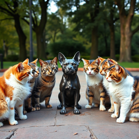 A group of angry cats are in a staring contest with a small statue of a dog in a park. The cats are ready to strike down the mangy mutt in the name of cats everywhere!
