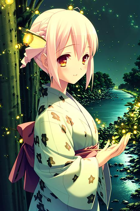 ((masterpiece, high quality, best quality)),
1girl, (fireflies:1.4), japanese clothes, blush, night, green yukata, braid, white hair, river, brown eyes, nature, short hair, closed mouth, holding, tree, lake, upper body, long sleeves, light smile, looking at viewer, floral print, hair bun, glowing, green theme,
<lora:gayaro-style_v1.1:1.0>