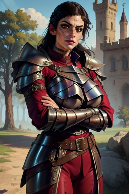 Cassandra,brown eyes,freckles,scar on lefy cheek, ((long hair)),  solo, crossed arms,  cowboy shot,
CasAr,brown gauntlets,breastplate , white tunic with  eye, belt,  armored boots, red shirt with purple sleeves, stitched purple pants,
near a training dummy, outside, morning,
(insanely detailed, beautiful detailed face, masterpiece, best quality)
<lora:Cassandra-10v3:0.8>