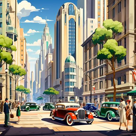 A bustling metropolis in the 1920s Art Deco style. Tall buildings with geometric shapes and ornate facades line the streets. Vintage cars and elegantly dressed pedestrians add to the atmosphere of sophistication and glamour