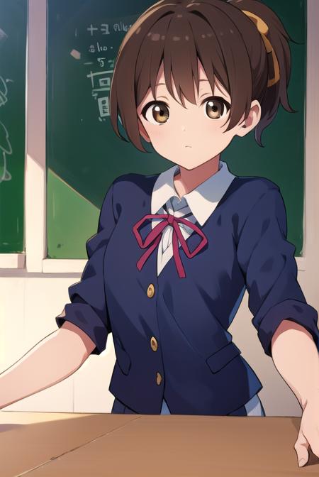 konuihirasawa, <lyco:uihirasawa-LYCORIStest:1>,
ui hirasawa, (brown eyes:1.5), brown hair, ponytail, short hair, (flat chest:1.2),
BREAK sakuragaoka high school uniform, school uniform,
BREAK looking at viewer,
BREAK indoors, classroom,
BREAK <lora:GoodHands-vanilla:1>, (masterpiece:1.2), best quality, high resolution, unity 8k wallpaper, (illustration:0.8), (beautiful detailed eyes:1.6), extremely detailed face, perfect lighting, extremely detailed CG, (perfect hands, perfect anatomy),