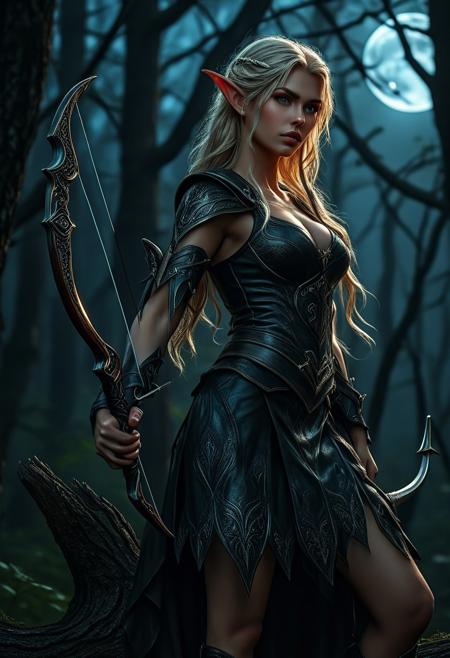 High resolution of ultra-realistic Beautiful Elven Archer girl, ultra-realistic body, perfect athletic body, Attractive Elf girl, artgem, WLOP, sitting spread-legged on a stump in a dark forest, beautiful Sadie Sink as Elf Archer girl, night of the full moon, realistic elven leather armour, defiant and seductive, covered in dirty and blood, cinematic colors Lighting, extremely detailed, 8K, wavy blonde hair, realistic dirty pale face, realistic blue eyes, beautiful Elf girl on in dark fantasy cool outfit, hyper-detailed, hyper-realistic, Attractive 21 old years Elf woman, Attractive, beautiful firm Breasts, wet and sweaty skin, Dark fantasy style, Dark fantasy atmosphere, sharp focus, digital painting, Photograph Taken on Nikon D750, Alphonse Mucha, 8K, athletic figure, Hyperdetailed, hyperrealism, attractive woman, beautiful woman of athletic body, Attractive bust girl, asymmetric balance
