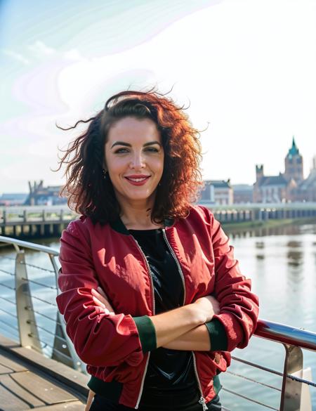 film, jod, Battersea, thames, cowboy shot, bodysuit, short messy hair, green jacket, big smile, eyeliner, mascara, shiny pink lipgloss, heavy makeup, big smile, laugh, vivid eyes, sharp focus
