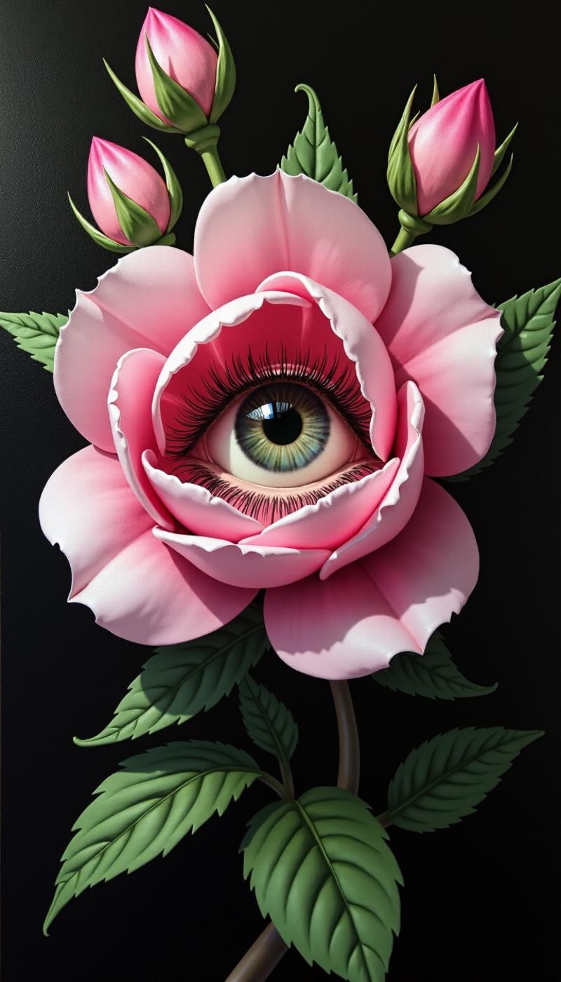 A hyperrealistic painting of a single human eye nestled within the center of a pink flower, surrounded by buds and leaves. The eye gazes directly at the viewer, with a detailed iris and long, dark eyelashes. The style is dark fantasy, with dramatic lighting emphasizing the textures and details. The background is black, enhancing the contrast and adding to the mysterious atmosphere. No text.