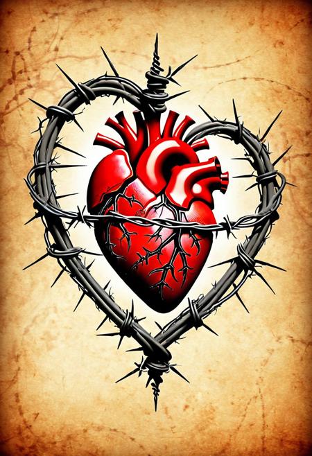 Act as an artist creating a tattoo design. Your client wants a heart tattoo with intertwined barbed wire symbolizing the contrast between good and bad. Incorporate elements that evoke both positive and negative emotions within the design. Ensure the imagery is striking, representing the complexities of human nature and the intertwining of opposing forces. Produce a detailed description of this unique tattoo concept, highlighting how the juxtaposition of the heart, barbed wire, good, and bad can be artistically represented in a visually captivating and thought-provoking manner to create a powerful and symbolic design.