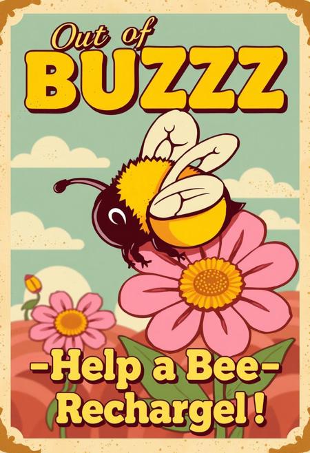 A vintage poster, retro design, cartoon, of a bee sleeping on a flower, with the text “Out of BUZZ – Help a Bee Recharge!”