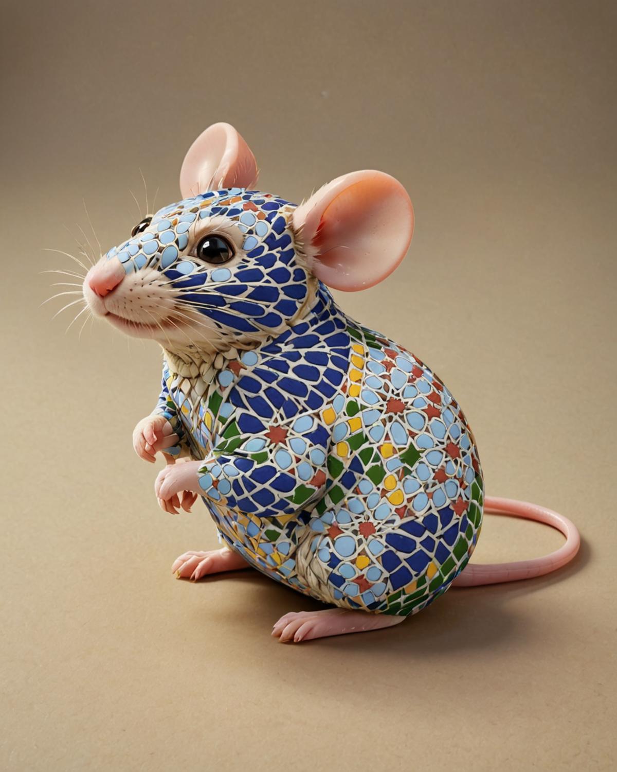 A small mouse is painted with colorful designs.