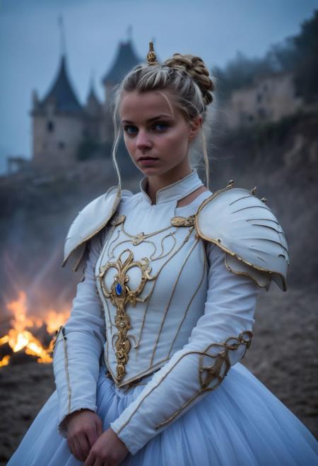 Close Up shot of  Cinderella as a little warrior, she IS a very young girl, blonde bun hairstyle, beautiful, blue dirt gown, White steel armour, wind, at night, fog, mist, castle at the background, National Geographic photography awarded masterpiece
