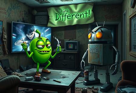 "In a grimy, dilapidated Florida crackhouse, a cartoonish green apple with exaggerated eyes and twisted limbs faces off against the iconic Android logo robot. The apple, perched on a stained coffee table, holds a meth glass pipe in one hand, with acrid smoke billowing from it. In its other hand, it clutches a lighter, flickering ominously.
The massive OLED TV mounted on the wall casts a harsh, flickering light, creating unsettling shadows as it plays an unnervingly vivid Apple commercial. The room’s walls are grimy, covered in graffiti, and peeling wallpaper hangs in tatters. The floor is strewn with trash, broken furniture, and empty cans.
The Android robot, with a rusted, dented exterior and malfunctioning eyes, stands in a defensive stance with twitching antennae. Above the TV, a warped cardboard sign with 'Think Different!' hangs crookedly, its jagged lettering backlit by flickering LEDs that cast eerie shadows on the peeling walls.
The air is thick with mildew, decay, and the sharp scent of meth smoke. The green apple’s glossy skin and the Android’s grimy, rusted body are harshly illuminated by the flickering light, heightening the bizarre and unsettling confrontation in this derelict, drug-ridden setting."