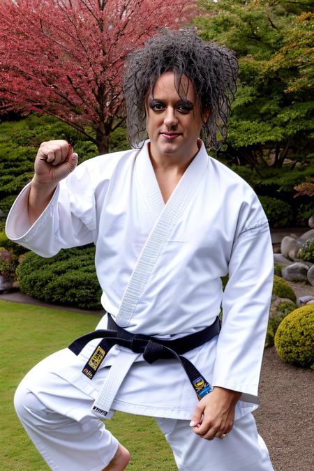 <lora:Robert_Smith_The_Cure:0.9> robertsmith, one man, karate pose, kicking, white karate gi, black belt, black hair, eyeliner, eyeshadow, red lips, japanese garden