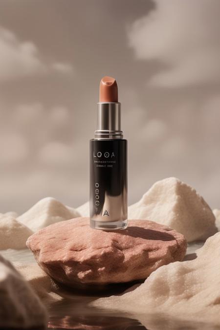 dark red lipstick, ,rock, water, reflect, no humans, depth of field, spotlight from above, red background, scenery, still life (Product Photography)  <lora:Product Photography:0.85>