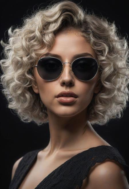 (best quality, 8K, high resolution, masterpiece), ultra detailed, (3D CGI), black sunglasses, trendy, fashionable, silver and black stylized gorgeous blonde Instagram model on a black background, short curly hair, countryside advertising, winning photo,