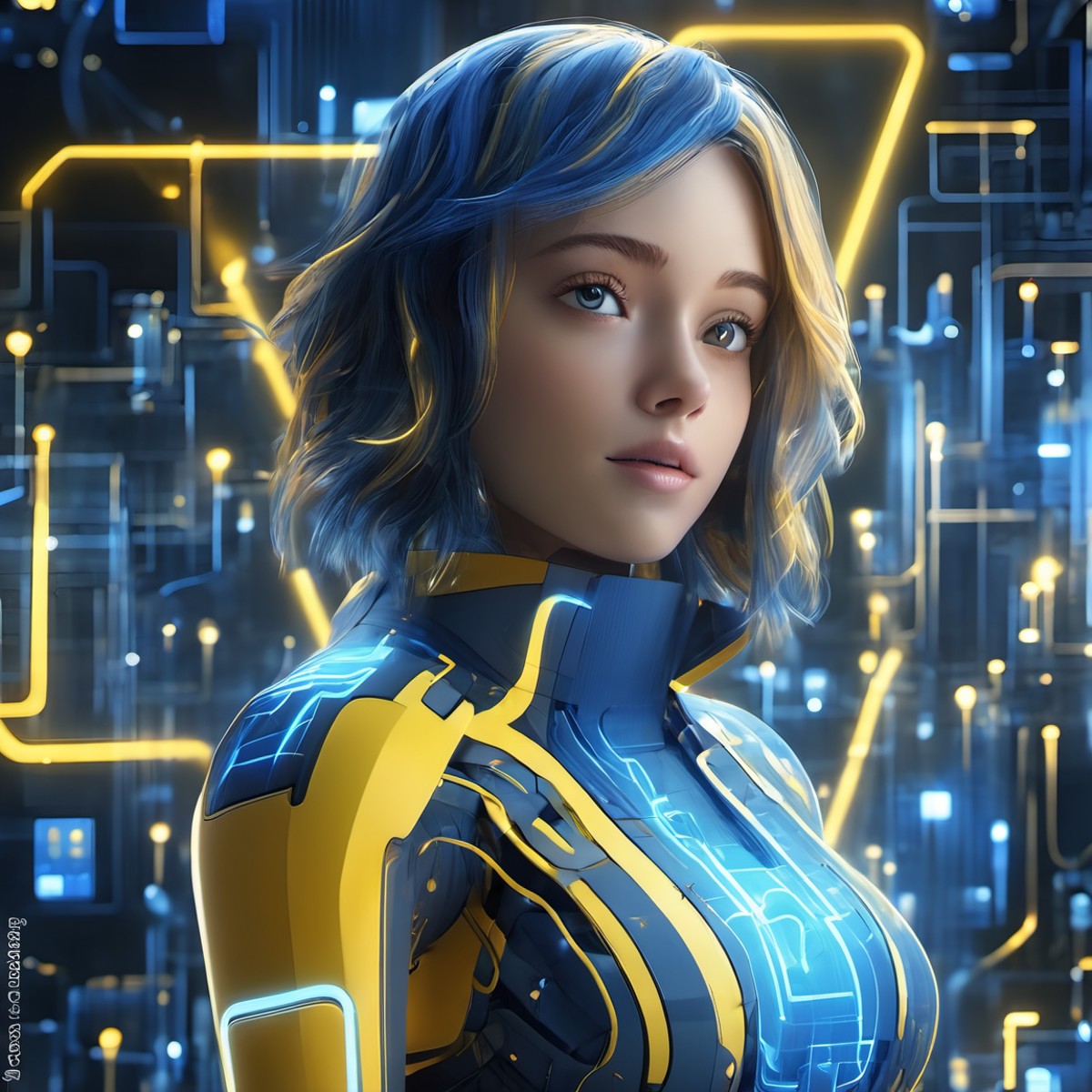 iccircuitart,blue and yellow theme<lora:iccircuitart:1>, portrait of a CGI animation character, magical background, bright...