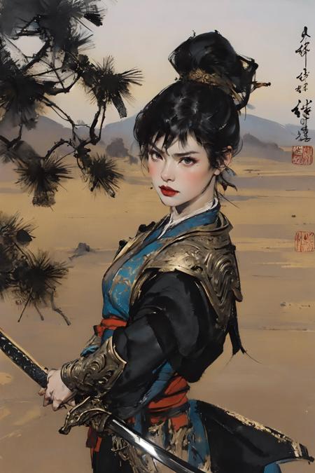 chinese ink painting, masterpiece, best quality, 1 girl, cool, angry, short hair, Chinese armorï¼sword, desertï¼ army,