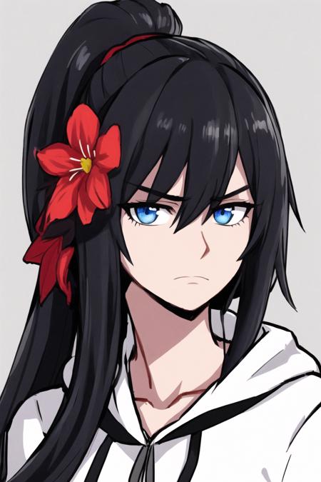 masterpiece, best quality, black hair, bangs, hair between eyes, hair flower, ponytail, long hair, blue eyes, white hoodie, frown, upper body, portrait