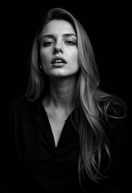(dark mood masterpiece Photography, intricate light:1.2) a highly detailed, black-and-white photograph of a woman captured in a sensual, the woman appears to be of caucasian descent, with fair skin and light blonde hair, her mouth slightly open, black shirt, the background is a solid, dark black, which contrasts sharply with her skin tone and highlights, making her the focal point of the image, the lighting is soft and diffused, highlighting the contours of her body and creating a sense intimacy, the overall mood of the photograph is intense and erotic, emphasizing the natural beauty and sensuality of the subject, portrait,close-up