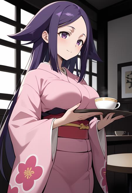 aaoharu, long hair, purple hair, hair flaps, purple eyes, large breasts, japanese clothes, print kimono, pink kimono, long sleeves, obi, sash