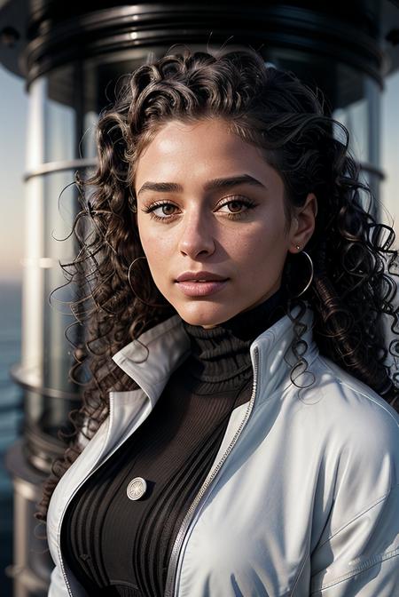 beautiful woman (Deb0r4G0m3s-420:.99), beautiful (curly hair:1.2), (on top of a lighthouse:1.1), elegant, windy, hair blowing in wind, wind lift, natural skin texture, (fashionable wind-breaker jacket), (turtleneck), sunset, cute smile, 24mm, 4k textures, soft cinematic light, adobe lightroom, photolab, hdr, intricate, elegant, highly detailed, sharp focus, ((((cinematic look)))), soothing tones, insane details, intricate details, hyperdetailed, low contrast, soft cinematic light, exposure blend, hdr, faded,