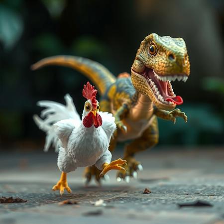 A baby dinosaur raptor running after a white rooster. They are both in the style of toy story. The raptor has his tongue out to the side and the white rooster has his eyes bulging and running away in fear towards the camera