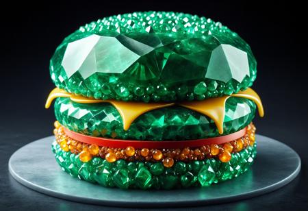 emeraldmorph, emerald burger, gemstone, surreal, hyper-realistic, green, intricate details, shiny, food art, surrealism, vibrant colors, 3D, polished, artistic, gemstone food, fantasy, jewel-inspired, luxurious, gemstone layers, crystalized, unique design, futuristic, creative food, vibrant, detailed, stunning, unusual food, beautiful texture, realistic gem texture, surreal food sculpture., <lora:EmeraldMorph:1.0>