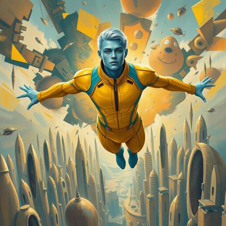 1boy, blue skinned, silver metallic short hair,  aged 30 (full body, facing camera, from below). Futuristic fashion, a golden yellow and teal  high tech bodysuit ,  it is form fitting with an open face design. the man has pale blue skin and is muscular and has an athletic  form , the hero is flying above a futuristic alien city that is very idyllic and made of numerous organic shaped buildings ,, the city behind him exploding into fractured shapes and vibrant brushstrokes. cinematic realism, modernist abstraction, vintage fashion, expressive color palette, fragmented composition, narrative surrealism, romantic noir, bold geometric forms, rhythmic patterns, textured brushwork, dreamlike tension, symbolic elements, 20th-century elegance, surreal backgrounds, abstract expression, stylized figures, visual dynamism, painterly contrast, emotional ambiguity, narrative experimentation