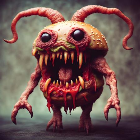 <lora:fx-monsters-xl-mrey-nocap:0.8> creepy hamburger monster creature