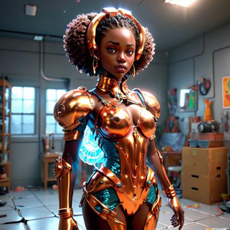((best quality)), ((masterpiece)), ((realistic,digital art)), (hyper detailed),teslapunkai female Eighteen, Robust, African, Dark brown eyes, Folded Ears,    Low Cheekbones, Unusual Forehead, Square face shape,  , Rose Gold Mermaid waves hair, Puzzlement wearing  Wide-leg jumpsuit with belt,  Crochet top, , , Prosthetic Mask  and, Head tilted to the side, indicating thoughtfulness, octane rendering, raytracing, volumetric lighting, Backlit,Rim Lighting, 8K, HDR,  <lora:TeslaPunkAIXLv2:1>