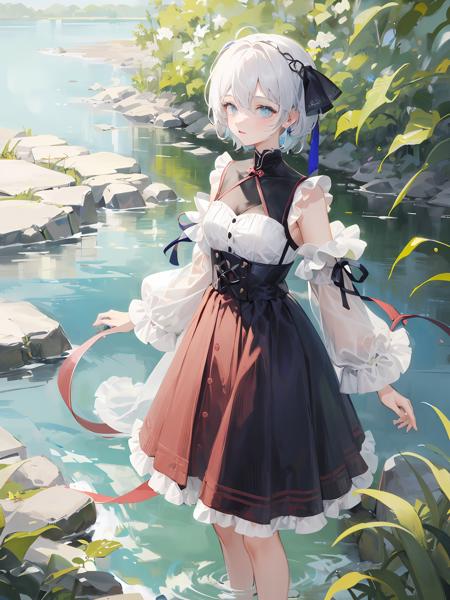 masterpiece,best quality,1girl,yanhe,(an extremely delicate and beautiful),short hair,white hair,<lora:yanhe-000006:1>,nature background,ribbon,outdoors,