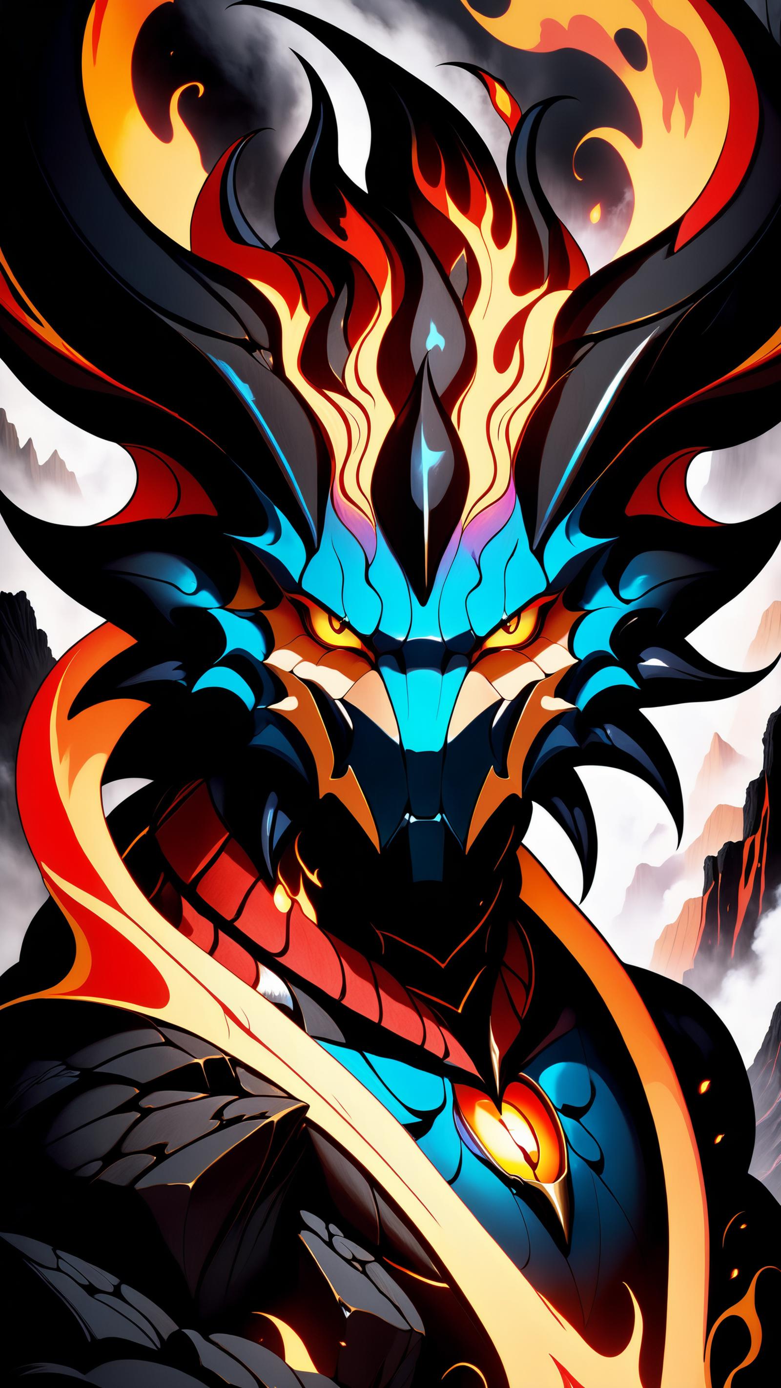 A colorful digital artwork of a blue and black dragon with fiery eyes and a long neck.