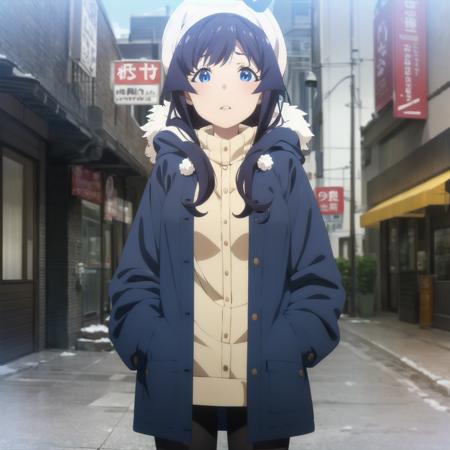 <lora:FruitTartV2:1> anime coloring, 1girl, solo, outdoors, winter clothes, snow, breath, looking to the side, parted lips, long hair, dark blue hair, blue eyes, fur coat, knit hat, hands in pockets