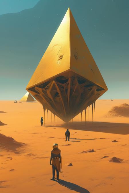 <lora:Christopher Balaskas Style:1>Christopher Balaskas Style - artwork by simon stalenhag depicting a surreal image of a desert scene infused with alien, sci-fi elements. Envision towering abstract structure made of gold glowing pyramids casting long shadows over the sand. Hyper detailed, cinematic, high resolution, Embrace the otherworldly