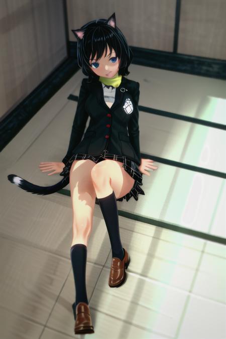 (bloom lighting), (smooth lighting), (smooth coloring), (smooth shading),(bestquality),(masterpiece), game cg, 4k, (5 fingers:1.5), (extreme detail:1.2), 1girl, solo, (morgana), cat ears, (cat tail:1.2), skirt, socks, kneehighs, pleated skirt, school uniform, jacket , pleated skirt, blazer, (yellow scarf:1.2), (kneehighs), (loafers:1.2), (shuujin academy uniform), <lora:girl_morgana_v1:0.8> ,<lora:flat2:-0.5>