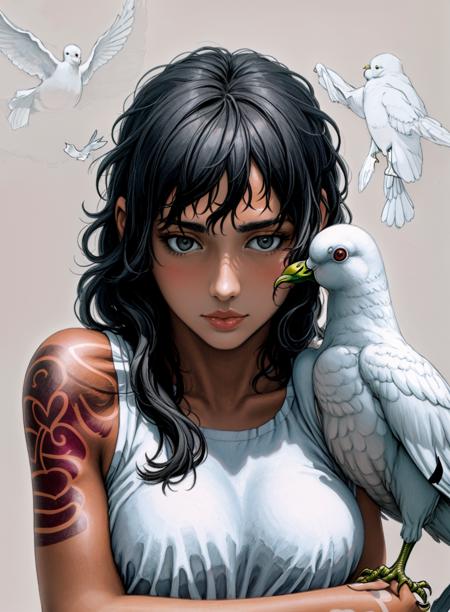 masterpiece, best quality, hires, portrait girl hugging a dove on her breasts, 1girl, bird, black hair, tane skin, breasts, lips, long hair, simple background, solo, tattoo, upper body, white background, traditional media, toned paper