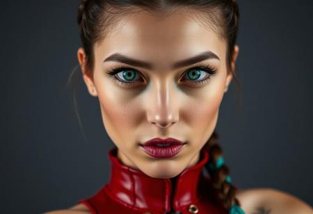 score_9, score_8_up, score_7_up, score_6_up, score_5_up, score_4_up, 1woman, , RAW photo, (freckles:0.8), long braided top ponytail, Brunette hair with teal tips, medium close-up shot front view, red latex corset (busty 44d:1.5), extremely detailed, beautiful detailed neon green speckled eyes, full lips, almond skin, neutral expression, neutral gray background, studio lighting , in the style of (kyuYong Eom:1.0)