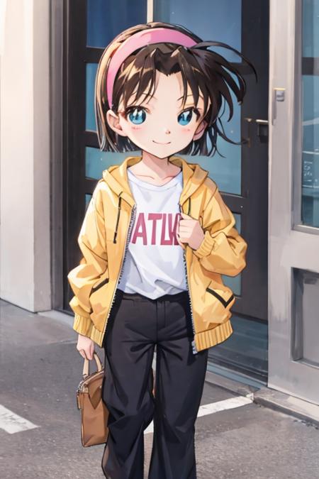 ayumiyoshida, child, blue eyes, short hair, brown hair, bangs, hairband, shirt, jacket, long pants, smile, standing, city <lora:ayumi-v2:1>