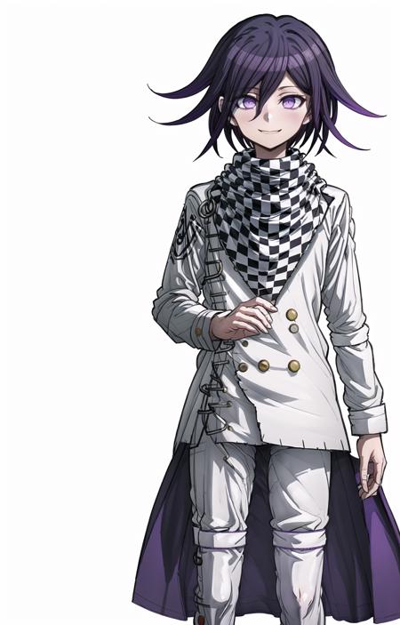 (masterpiece, top quality, best quality, official art, beautiful and aesthetic, picture-perfect:1.4), 1boy, solo, Kokichi, (looking at viewer, cowboy shot:1), (purple hair, purple colored hair, medium hair:1.2), (purple eyes, shining purple eyes, ringed eyes:1.3), [smile, closed mouth:1.2], [medium breasts, sexy:1], (Kokichi Attire, straitjacket, white jacket, white pants, buttons, checkered scarf, white clothes:1.4), (simple background:1.4), <lora:more_details:.5>, <lora:KokichiLora:.8>