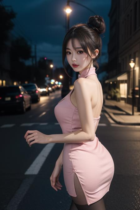 ltra-detailed,highly detailed,best quality,masterpiece,illustration,realistic,
ydwhqp,qipao, 1girl, solo,
pink dress,pantyhose, 
hair bun, parted bangs,
looking at viewer, walking,cowboy shot, 
outdoors,night,cityscape, street, 
 <lora:ydwhqp qipao_v1_01:0.7>