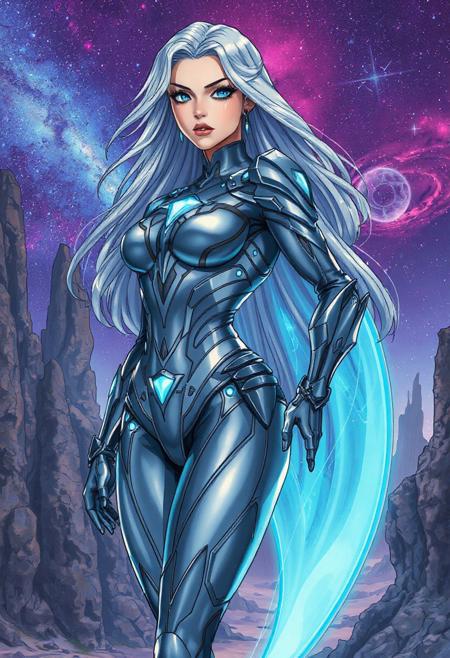 "A Female Superhero in Moebius-Inspired Anime Style"
"Design a powerful and iconic female superhero character in the visionary visual style of Moebius (Jean Giraud), blended with elements of Japanese anime. The character is elegant, strong, and otherworldly, wearing a sleek yet intricate futuristic suit made of metallic and organic materials, with flowing lines and cosmic motifs. Her costume features dynamic curves, asymmetrical armor details, and glowing energy patterns that suggest advanced alien or interdimensional technology. She has long, expressive hair with a surreal color gradient (e.g., silver to deep blue), and her facial features are noble and determined, with large, piercing eyes full of wisdom and strength. The background should be a vast, dreamlike sci-fi landscape: floating rock formations, distant galaxies, and ethereal lights. Rendered in a detailed yet painterly anime style, with rich textures, fluid motion lines, and the surreal, expansive atmosphere typical of Moebius' universe."