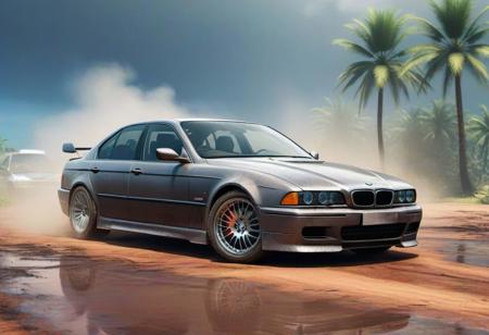 BMW e39 3, scratches, rainbow dust, fog, dirt, very beautiful, car on the island, by the fire, against the backdrop of a palm tree, the car is covered in mud and creaks, water on the ground, 3d rendering, cyberpunk, car with an American sports cars, street racing, perfect image, vibrations, game asset , symmetrical, tuner, modified car, wide body, tram, street racing, 4k, modding culture, photorealistic, high detail, game ready, other car racing, city life