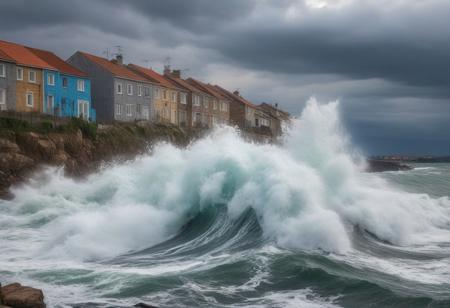 very realistic photography of the raging sea hitting a large rock creating a big splash near a village of houses with diverse colors, cloudy sky background