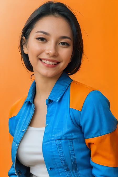 analog film photo solo, gstyle, realistic, ((woman)), (((black hair))), (((happy512))), (((Jumpsuit, denim jacket, and flats.))), ((Simple Light Orange background:1.5)), ((dynamic pose)), high detailed, 8k, clear facial features, <lora:PAseer-SD15-LCM Quick:1> <lora:ReaLora:.2> skin <lora:GStyle_-_Photography_Style:.4> <lora:IDM_-_Ghisela_Kell:1> ghiselakell . faded film, desaturated, 35mm photo, grainy, vignette, vintage, Kodachrome, Lomography, stained, highly detailed, found footage