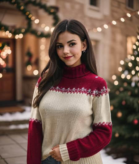 photo of v1cj7 , RAW, Christmas environment, Spectacular light, Christmas decorations, Festive, Christmas sweater Turtleneck, Colorful flowering, 8k, soft lighting, high quality, film grain, Olympus OM1 sharp focus, f 3.4, (eyeliner), (seductive pose), breast, Christmas theme, upper body, smile