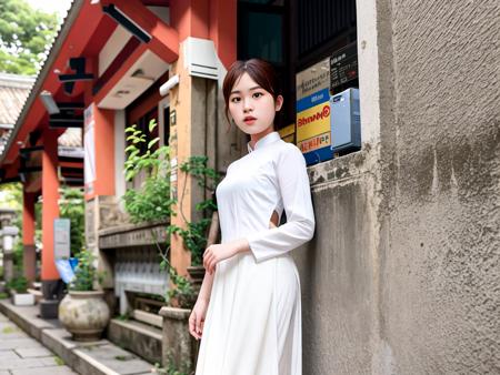 (((solo))), (((ultra photorealistic))), (((hyperrealistic))), high quality RAW color professional (((half body))) (portrait photo) of a Vietnamese girl 18 years old, ((hyperrealistic aodainu<lora:AoDaiNu_V6_LoCon:1>)), wearing ((yellow aodainu)) clothes with ((white (long pants))), long dress, (stand on the ancient city), (hyperrealistic the ancient city background), ((detailed full lips)), ((hyperrealist high detailed hair)), (looking at viewer:1.331), ((visible pores:0.3)), ((high detailed skin:0.9)), (Pale skin oily wet moist shiny sweat:0.8), (uneven skintone veins pale complexion:0.9), seduce sexy pose, intense, modelshoot style, artesian, DSLR, DLSR, art photographer, photographed on a FUJIFILM GFX 100S Camera, Fujifilm GF 63mm lens, F/6 aperture, tele angle, RAW photo ((ultra-detailed)), highly detailed (analog photography), (film grain:0.5), sharp outline, (((sharp focus on face))), (depth of field), POV, 8K, UHD, key light, backlit, diffused soft light, soft lighting, lens flare, natural warm lighting, light from above, (strong front main lighting), crystal clear, high res, photorealistic, depth layering, physically-based rendering, (Ultra detailed)