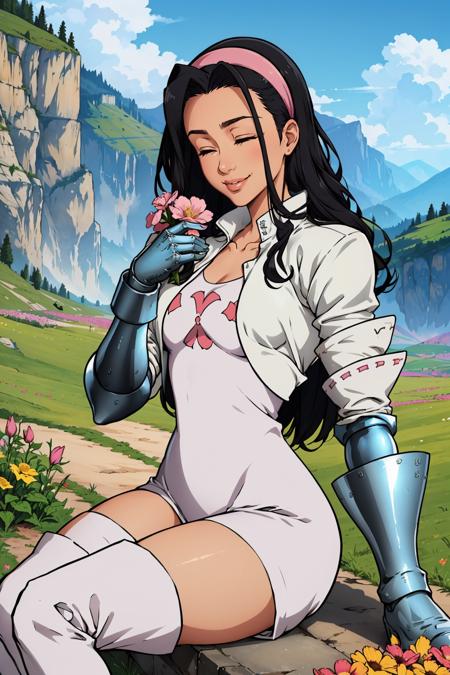 masterpiece, best quality,  <lora:guila-nvwls-v1-000009:0.9> guila, closed eyes, hairband, cropped jacket, white jacket, white dress, short dress, gauntlets, thigh boots, smile, looking at viewer, sitting, on ground, flower, holding flower