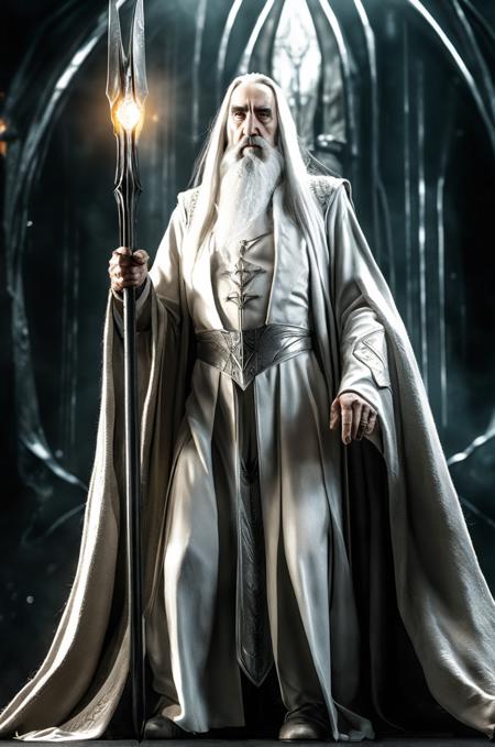 Hyperrealistic, (Saruman:1.3) as the White Wizard of Orthanc, Sauron as an Ancient Evil Spirit, Distinct Robes and Armor, Symbol of the One Ring, Dramatic Lighting, Powerful and Commanding Pose, Envious Expression, High Contrast, Dynamic Composition, Dark and Muted Color Palette, Shallow Depth of Field, Detailed Textures, Metallic Material, Displaying Magical Power