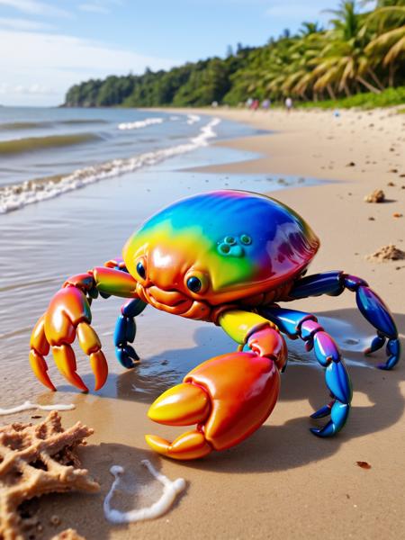 ais-colorfulplastic a crab scuttling across the beach <lora:Colorful_Plastic_SDXL:1>