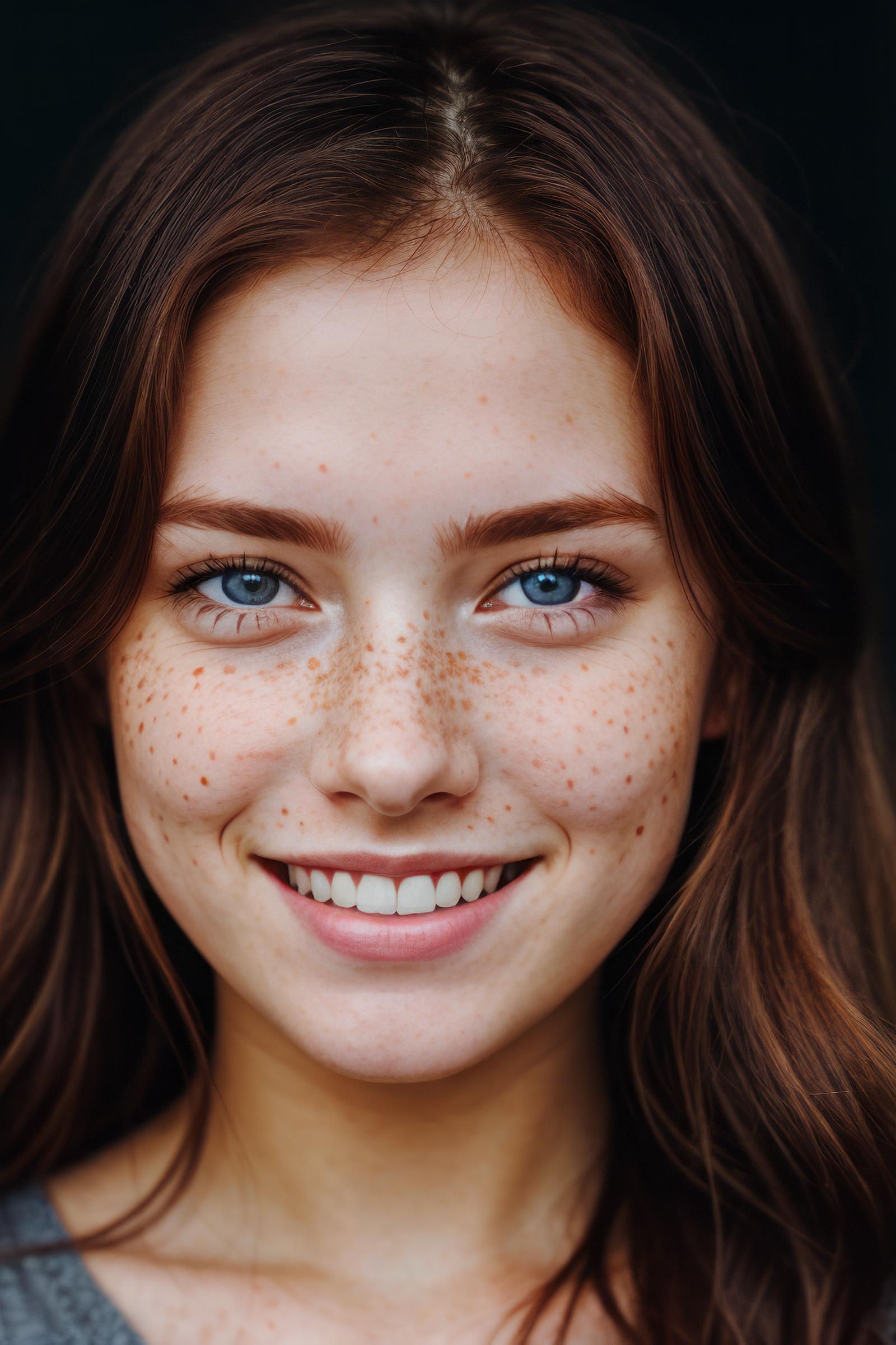 A smiling woman with freckles and blue eyes.