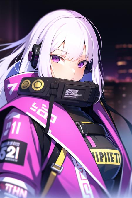 1girl, white hair, long hair, techwear  <lora:strlxsslora:1>, masterpiece, bestquality, realistic, realism, purple jacket,